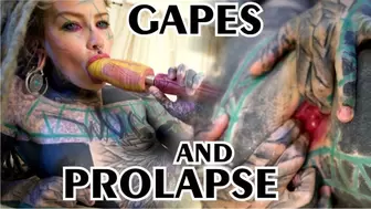 TATTOO skank masturbating, fingering her cunt and booty, rides her BUTT SEX with a toy and GAPES prolapse
