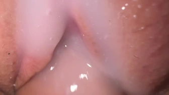 Ravishing twat covered in lubricant and sperm, Close up fuck and sperm shot