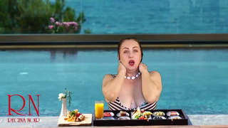 Regina Noir. Melons teasing at swimming pool. Nudist hotel. Nudism outdoors.