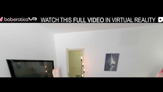 Solo blonde thin chick Milka Way plays with a pink sex toy on the sofa in VR.